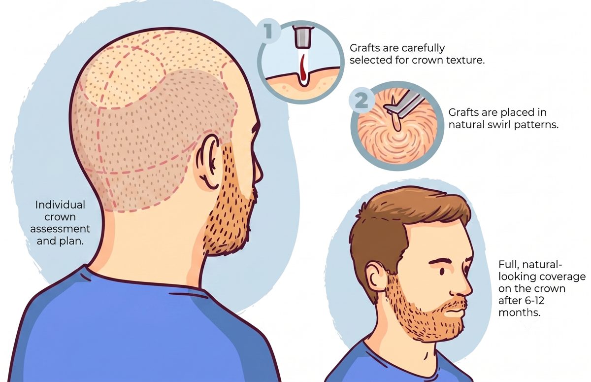 Illustration showing how grafts restore natural coverage on the crown