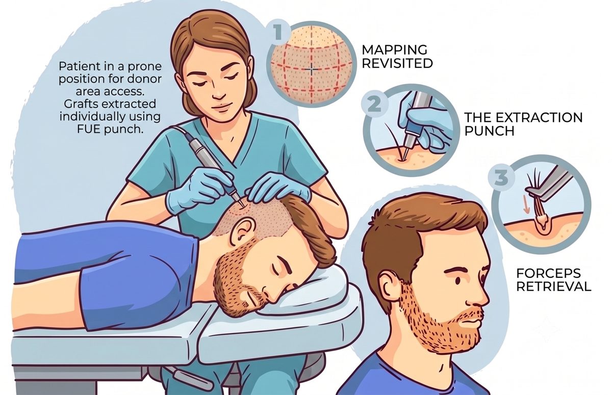 Illustration showing how grafts are extracted individually with the FUE technique